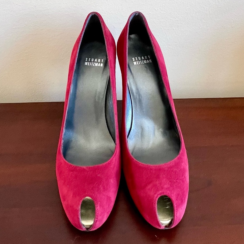Stuart Weitzman Red Suede Peep-Toe Heels